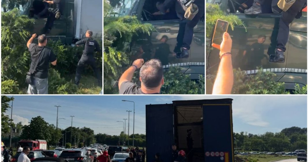 Polițiștii locali au apelat la spray lacrimogen și l-au atacat pe conducătorul TIR-ului care a fugit de sub...